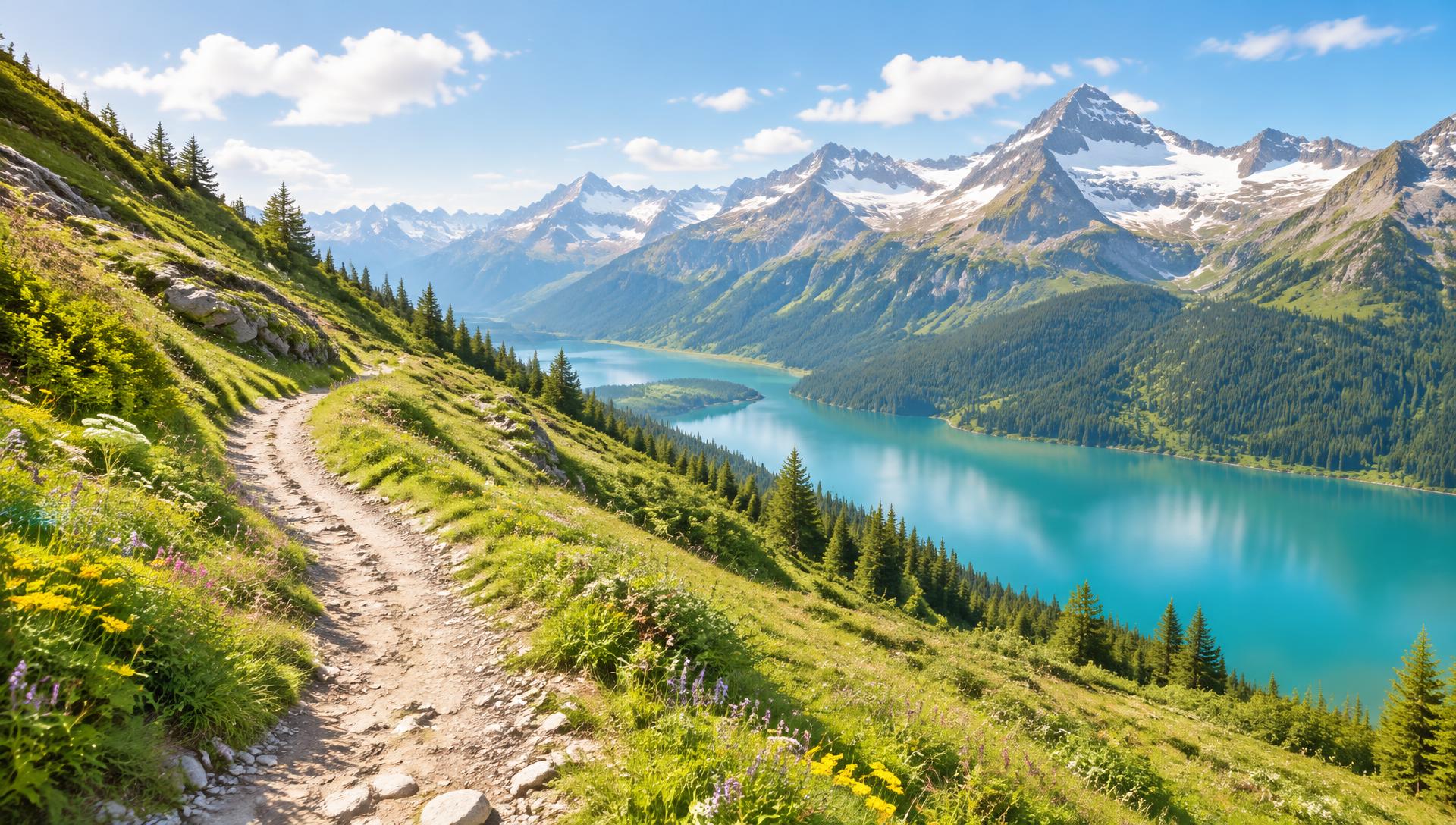 Sonniger Bergweg über einem türkisen See